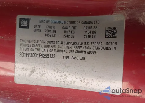 2015 Chevrolet Camaro 2Lt из США, поврежденный, VIN 2G1FF3D31F9295132